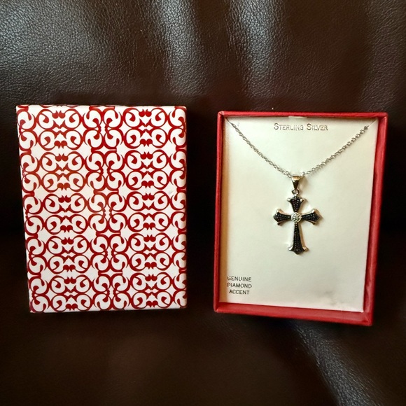 Jewelry - Sterling silver 18” chain and genuine diamond accent cross NIB